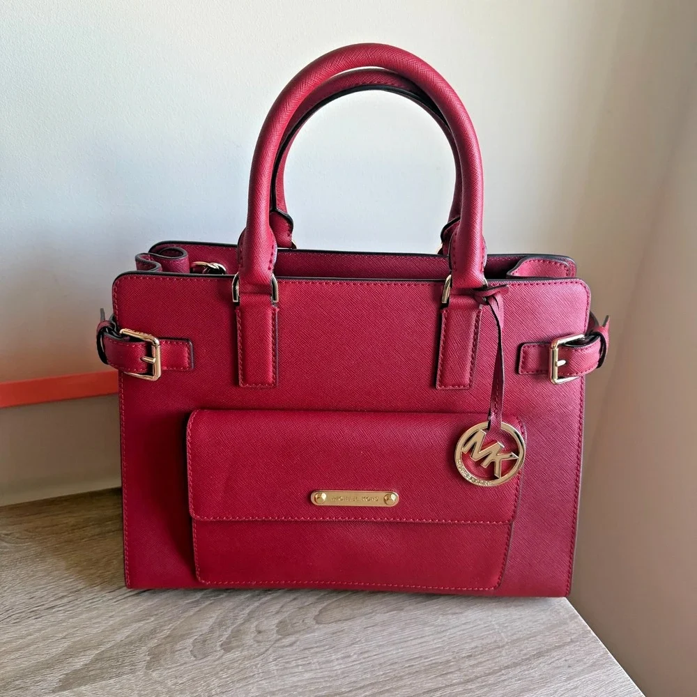 Michael Kors Georgia Red‎ Leather Large Zipper Front Snap Satchel Tote Bag EUC